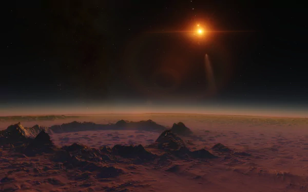 HD desktop wallpaper featuring a stunning view of a planet's surface under a glowing star in space, inspired by the video game Space Engine.