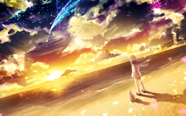 HD anime original desktop wallpaper featuring a lone figure standing on a sandy beach at sunset under a vibrant, star-filled sky with shooting stars.