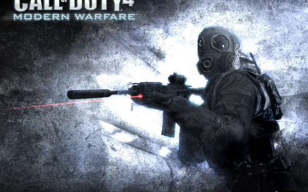 A dramatic HD wallpaper showcasing a soldier in a gas mask, aiming a weapon, set against a dark, gritty background from Call of Duty 4: Modern Warfare.