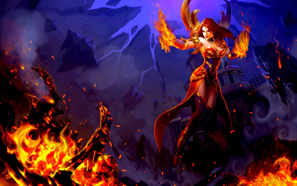 HD desktop wallpaper featuring Lina from DotA 2 amid fiery flames, depicted as a fantasy angel in an intense, dark video game setting.