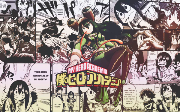HD wallpaper featuring Tsuyu Asui from My Hero Academia, set against a dynamic comic-style background with vibrant imagery and text elements from the anime.