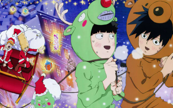 Anime-style 8K Ultra HD Mob Psycho 100 desktop wallpaper featuring characters in festive holiday costumes against a vibrant, starry nighttime city backdrop.