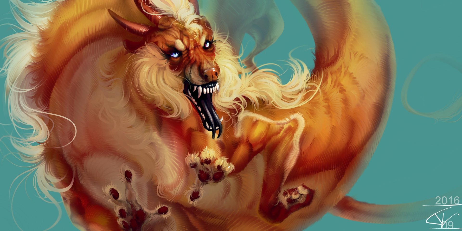 A fierce Chinese dragon with glowing blue eyes and flowing fur swirls dynamically against a teal background in this 4K Ultra HD fantasy desktop wallpaper.