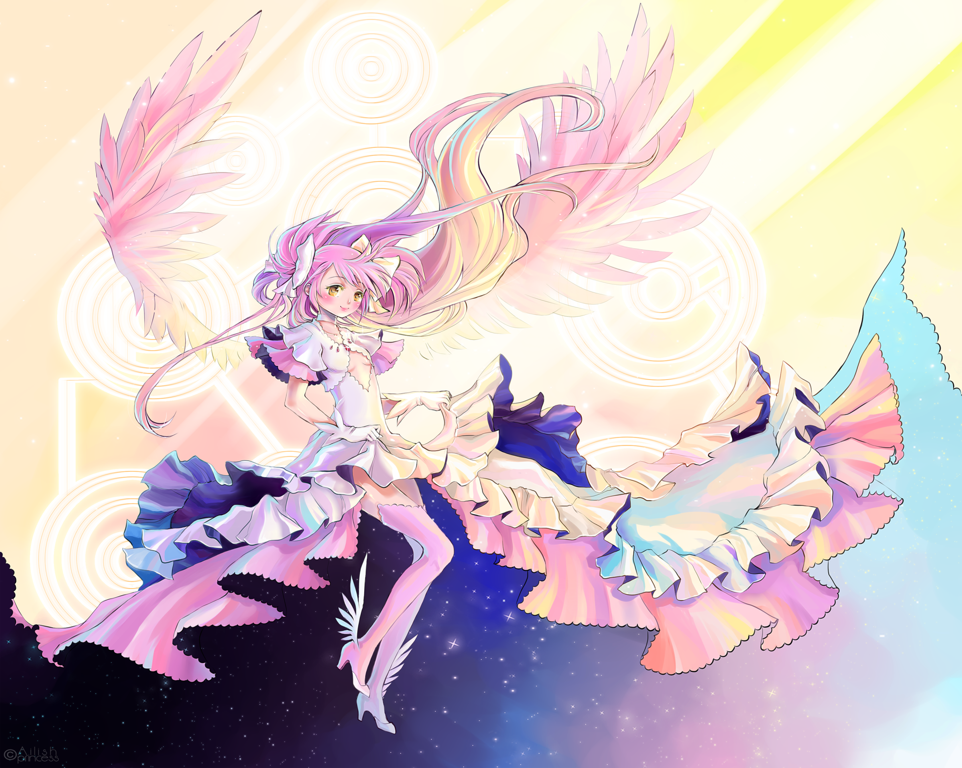 Anime 2K Quad HD PC desktop wallpaper: Puella Magi Madoka Magica magical girl in flowing pastel gown with angelic wings above a starry sky and soft sunrise gradient background.