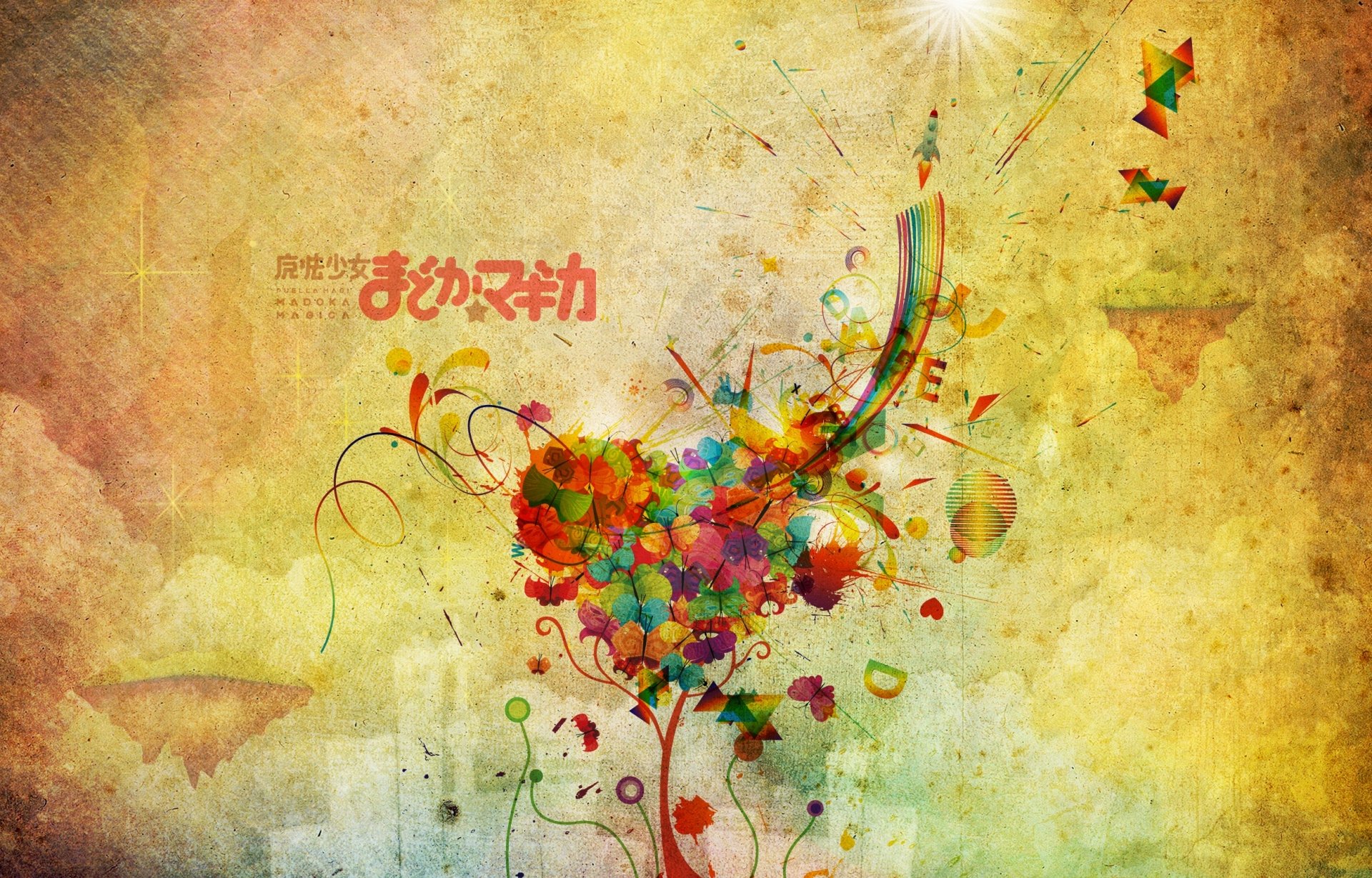 HD PC desktop wallpaper featuring abstract colorful floral art with the Puella Magi Madoka Magica anime title in Japanese text on a textured background.