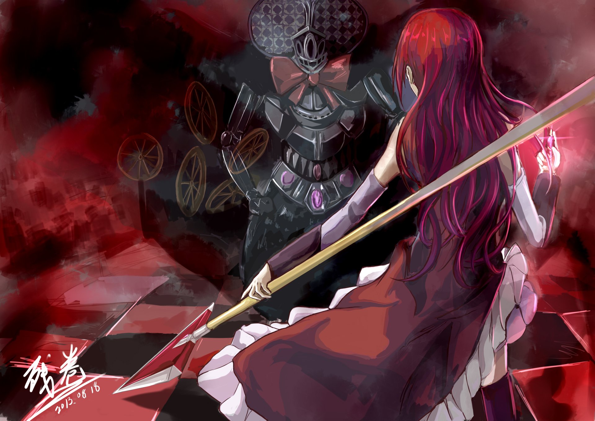 Kyōko Sakura of Puella Magi Madoka Magica lunges with her spear at a dark armored foe on a red, smoky chessboard — 2K Quad HD PC desktop wallpaper anime background