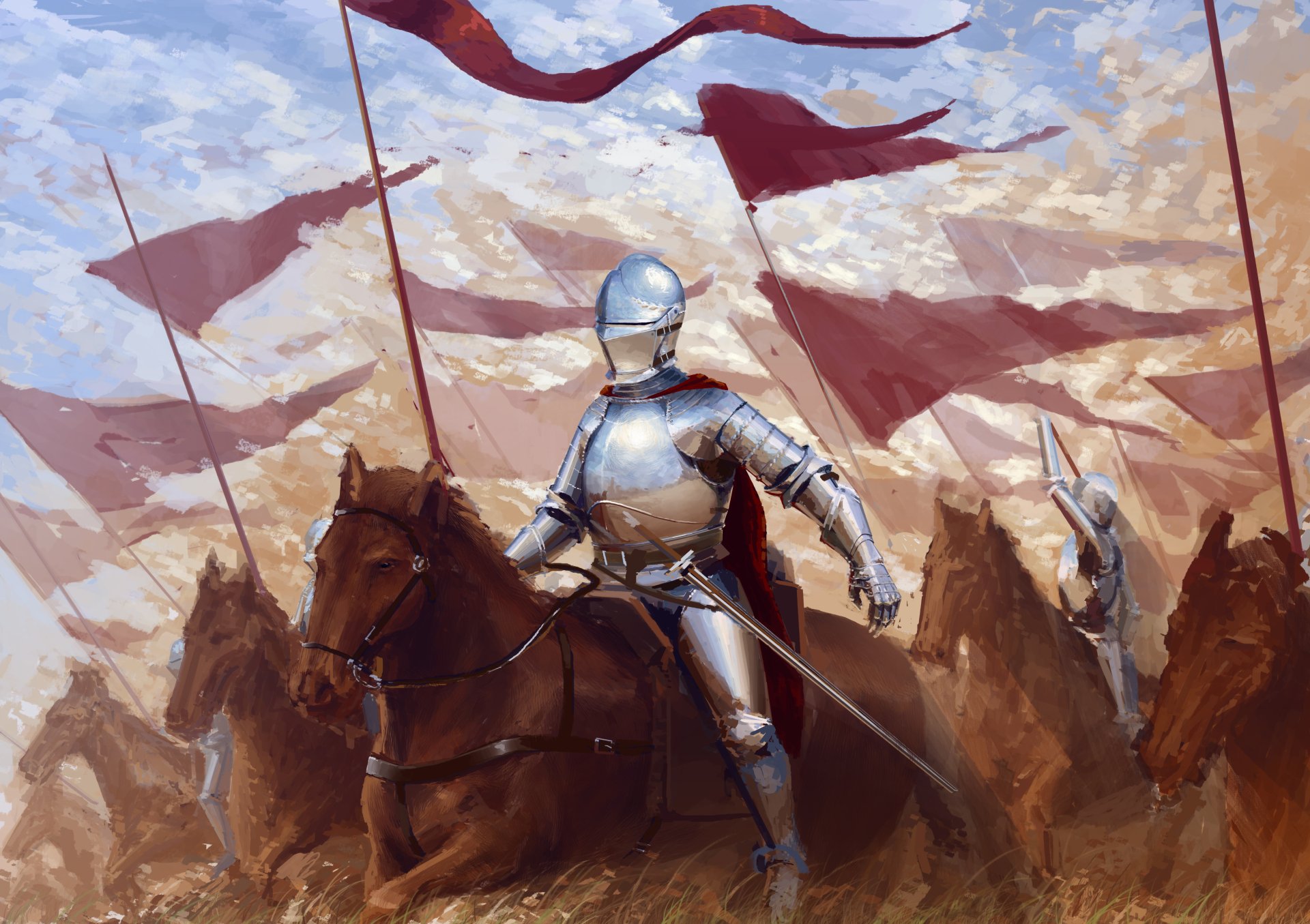 A fantasy warrior knight in shining armor rides a horse, holding a banner amid a group of similarly armed horsemen, captured in a detailed 4K Ultra HD desktop wallpaper.