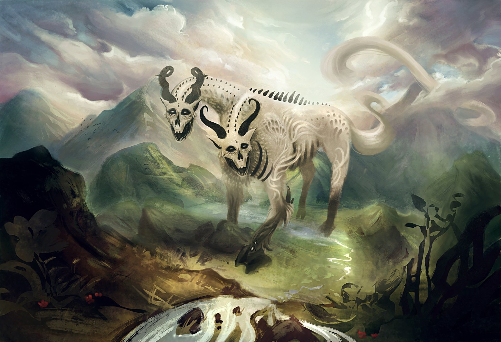 HD fantasy PC wallpaper featuring a two-headed, skeletal creature with horns standing in a misty, mountainous landscape under a cloudy sky.
