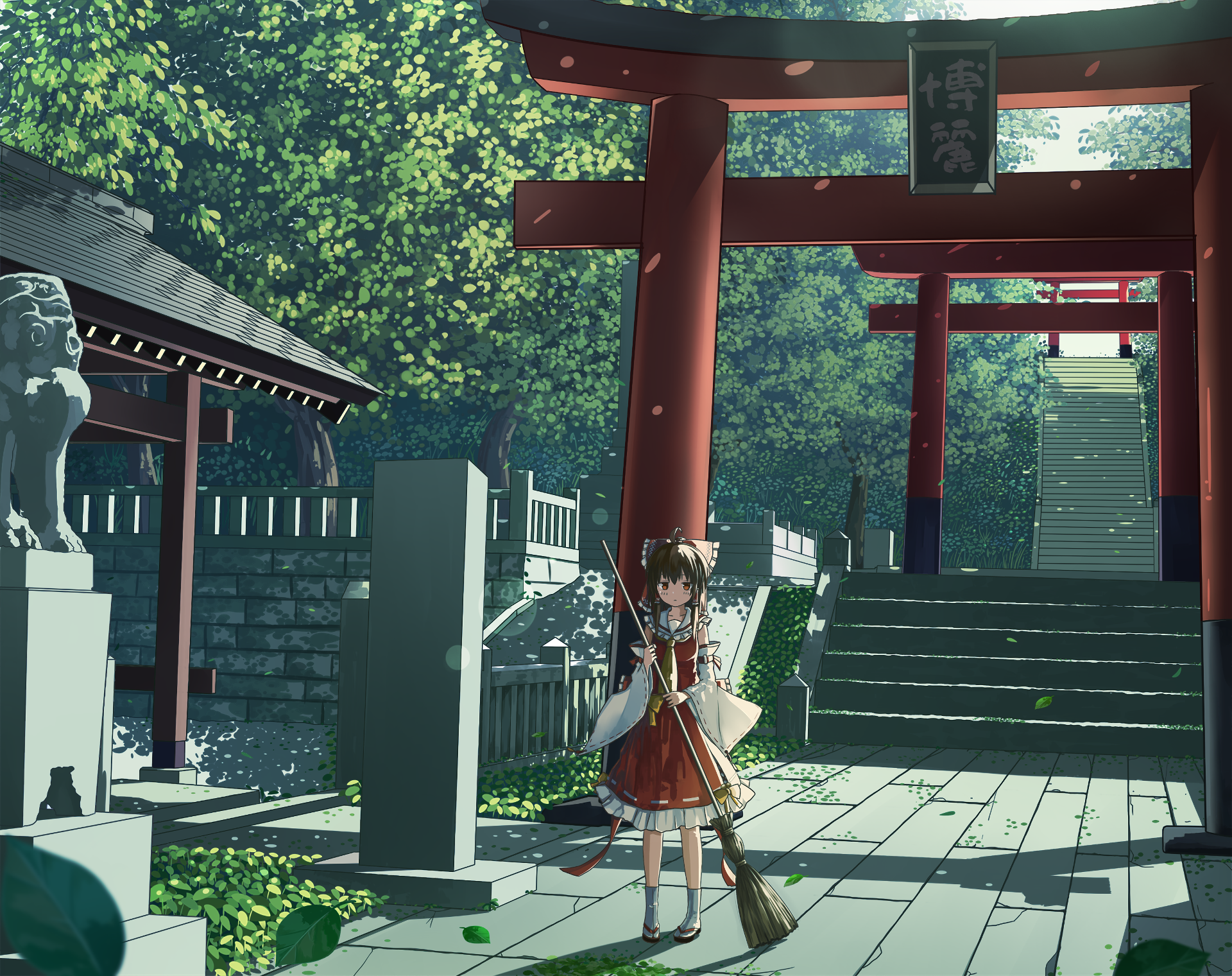 HD anime-style PC wallpaper featuring a Touhou character standing in a serene shrine setting with red torii gates and lush green trees in the background.