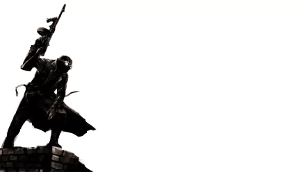 HD PC desktop wallpaper: Spider-Man Noir comic silhouette in trench coat and mask, perched on a rooftop with gun raised against a stark white background.