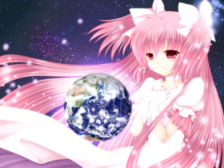 HD PC desktop wallpaper featuring Ultimate Madoka Kaname from the anime Puella Magi Madoka Magica, with glowing cosmic background and Earth in her hands.