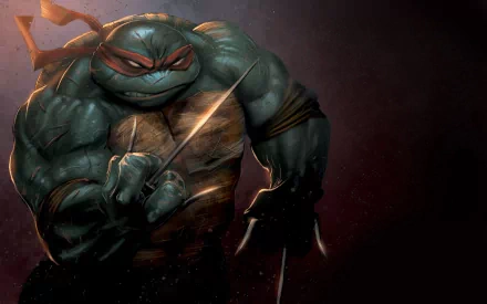 HD desktop wallpaper featuring Raphael from Teenage Mutant Ninja Turtles, showcasing his classic red mask and wielding his sai weapons against a dark, dramatic background.