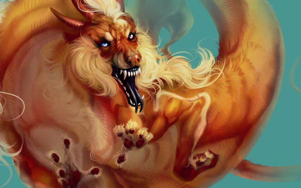 A fierce Chinese dragon with glowing blue eyes and flowing fur swirls dynamically against a teal background in this 4K Ultra HD fantasy desktop wallpaper.