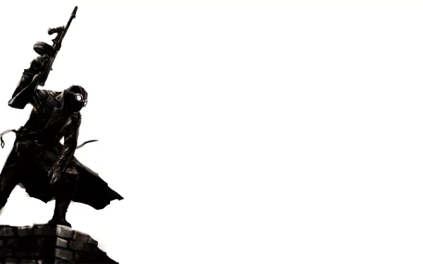 HD PC desktop wallpaper: Spider-Man Noir comic silhouette in trench coat and mask, perched on a rooftop with gun raised against a stark white background.