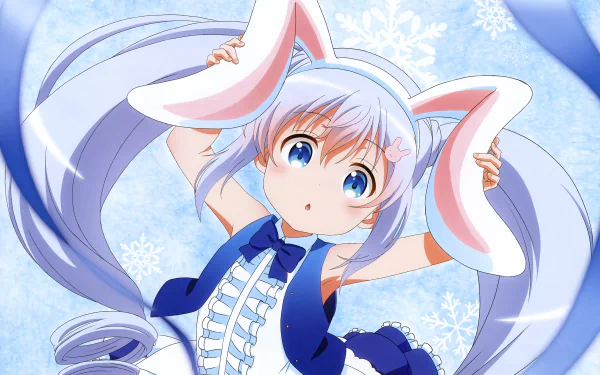 Anime 5K Ultra HD PC desktop wallpaper from Is the Order a Rabbit: blue-eyed, pastel blue-haired girl with bunny ears and a navy frilled outfit against a snowflake-patterned background.