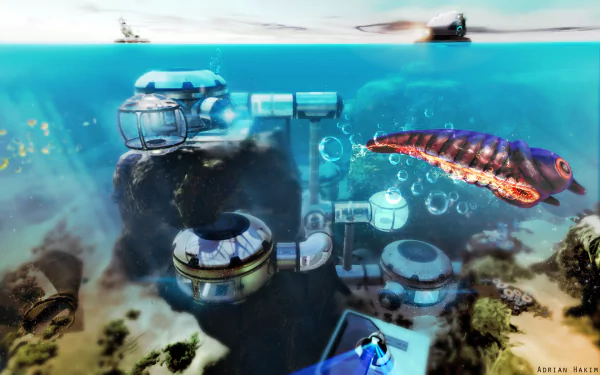 Subnautica-themed HD desktop wallpaper depicting an underwater base with a colorful, alien sea creature swimming nearby.