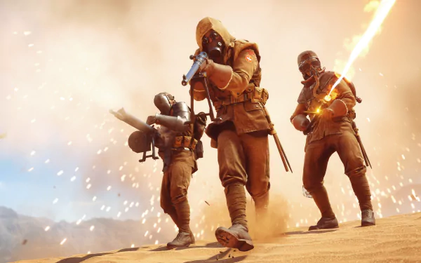 Three soldiers armed with machine guns and rifles engage in battle amid flying sparks, depicted in an 8K Ultra HD Battlefield 1 video game wallpaper.