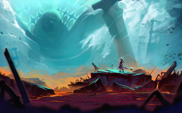 A 4K Ultra HD anime wallpaper featuring Kyōko Sakura and Oktavia von Seckendorff from Puella Magi Madoka Magica, set in a dramatic, ruined landscape with a giant figure looming.