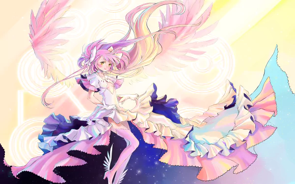 Anime 2K Quad HD PC desktop wallpaper: Puella Magi Madoka Magica magical girl in flowing pastel gown with angelic wings above a starry sky and soft sunrise gradient background.