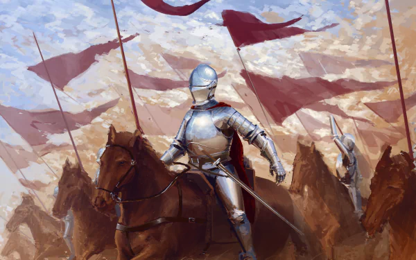A fantasy warrior knight in shining armor rides a horse, holding a banner amid a group of similarly armed horsemen, captured in a detailed 4K Ultra HD desktop wallpaper.