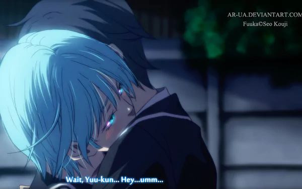 HD anime desktop wallpaper featuring Yuu Haruna and Fuuka Akitsuki in an emotional moment from Fuuka, with a dark, moody background and soft blue lighting.