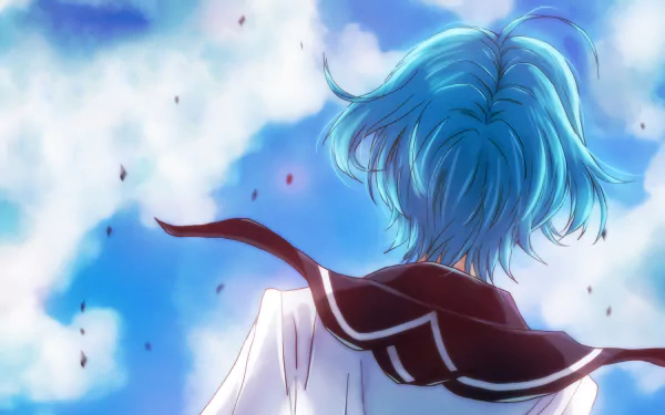 HD anime desktop wallpaper featuring Fuuka Akitsuki with blue hair, wearing a school uniform, set against a bright sky background.