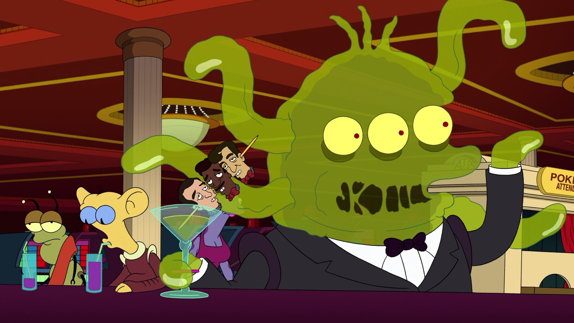 HD PC desktop wallpaper featuring characters from the TV show Futurama, including a green multi-eyed alien bartender in a bow tie serving drinks in a lively bar scene.