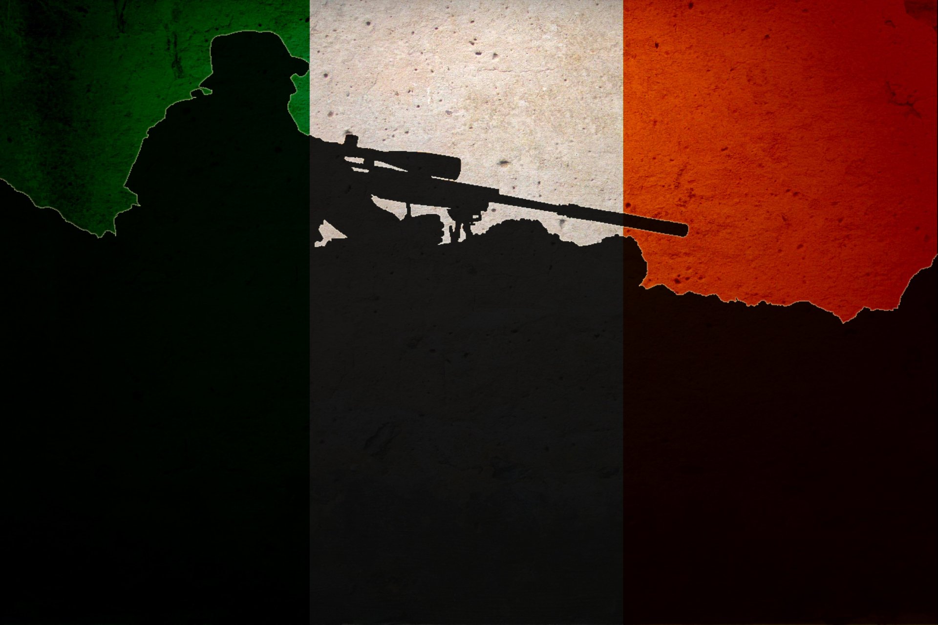 A striking HD wallpaper featuring a silhouette of a sniper against the backdrop of the Italian flag, symbolizing military strength and resilience.