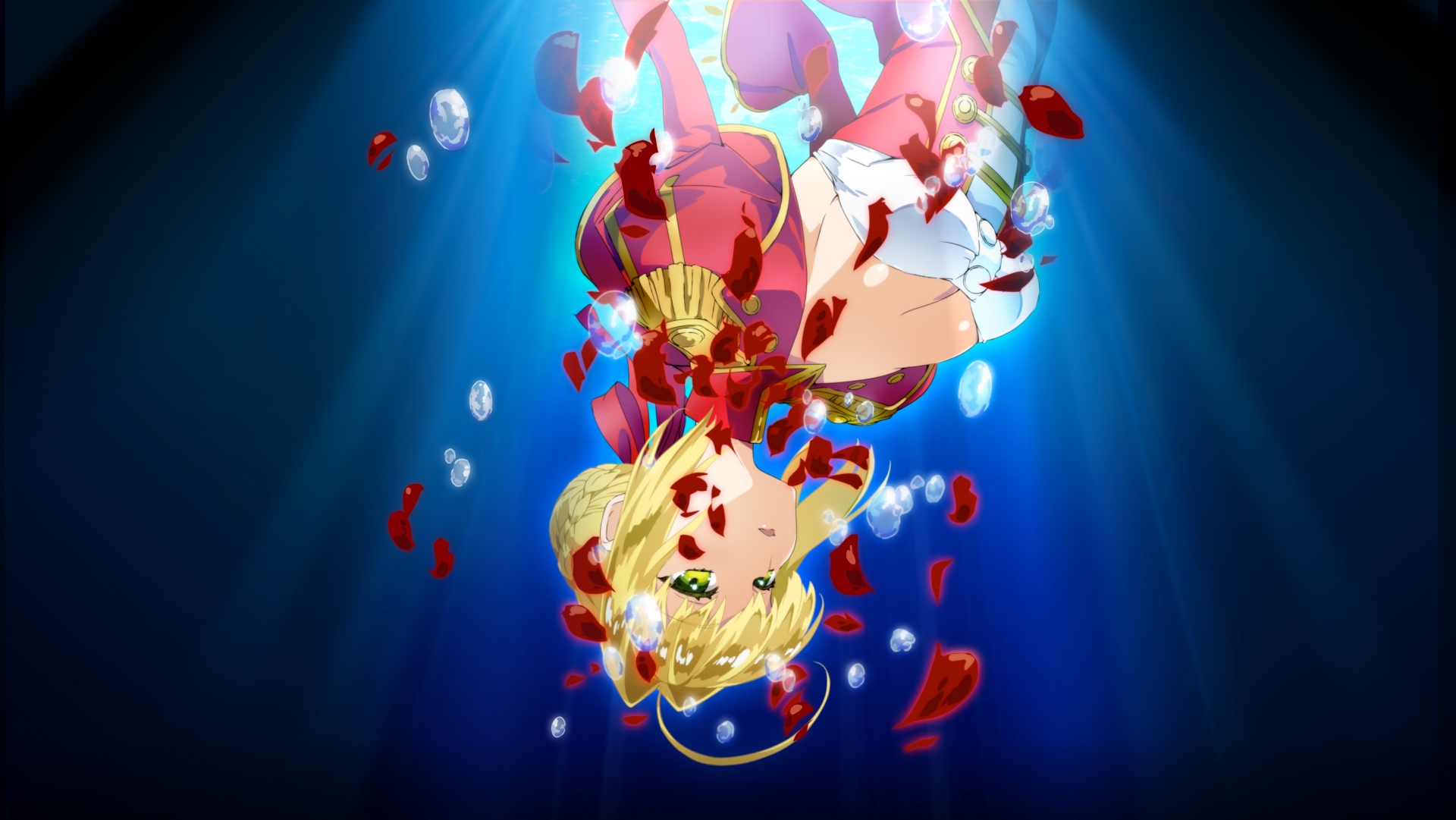 4K Ultra HD anime wallpaper of Red Saber Nero Claudius from Fate/extra, depicted underwater with floating rose petals and radiant blue light beams.