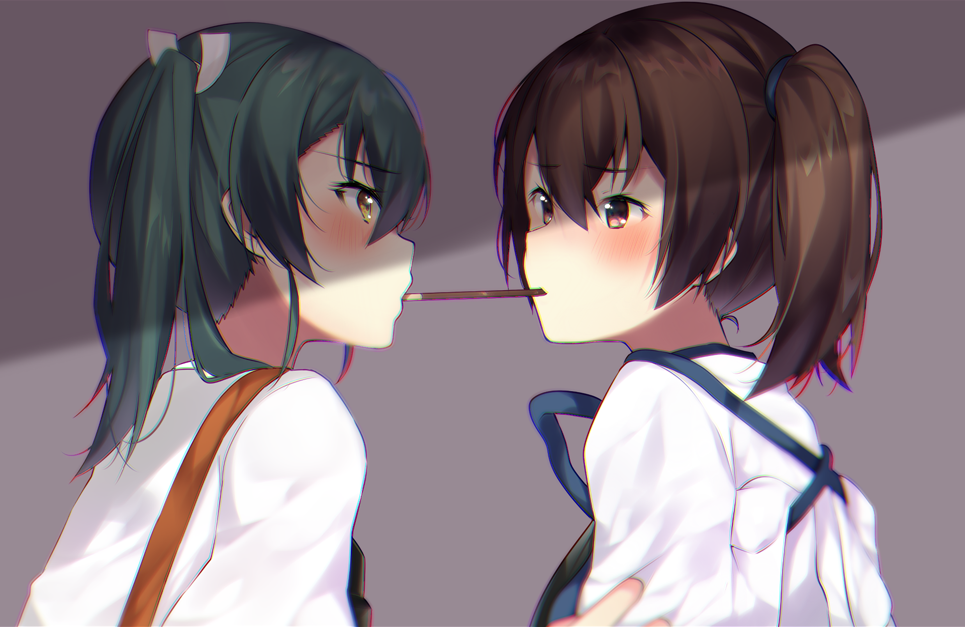 HD anime desktop wallpaper featuring Zuikaku and Kaga from Kantai Collection (Kancolle) sharing a pocky stick in a stylized, close-up scene.