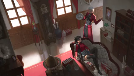 A high-definition desktop wallpaper from Fate/Stay Night, depicting a cozy interior scene with a character reclining on a couch while another stands thoughtfully in the background.