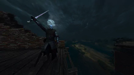 8K Ultra HD desktop wallpaper featuring a dark, atmospheric scene from the video game The Witcher 3: Wild Hunt with a character wielding a glowing sword.