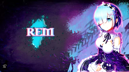HD desktop wallpaper featuring Rem from the anime Re:Zero - Starting Life in Another World, with her name artistically displayed on the left against a dark and vibrant background.