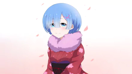 Rem from Re:ZERO in a winter-themed outfit with falling cherry blossoms, rendered in 4K Ultra HD as an anime PC desktop wallpaper.