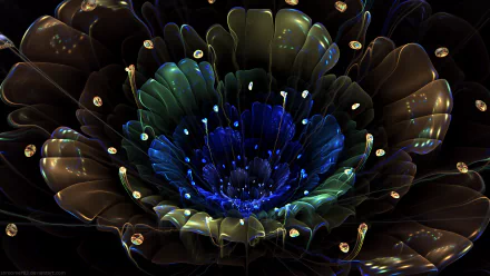 A vibrant abstract fractal flower in rich blues and greens, set against a dark background, creating an immersive HD desktop wallpaper and background.