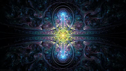 HD PC desktop wallpaper featuring an abstract fractal design in vibrant purple and blue hues with intricate swirling patterns and glowing highlights.