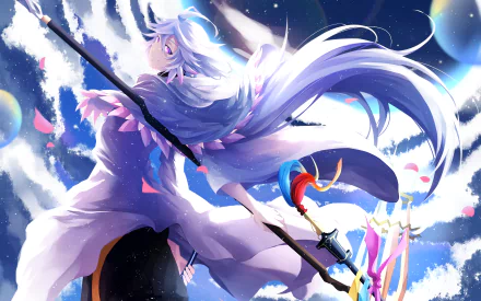 HD desktop wallpaper featuring an anime character from Fate/Grand Order, with flowing lavender hair and a celestial background adorned with colorful petals and clouds.