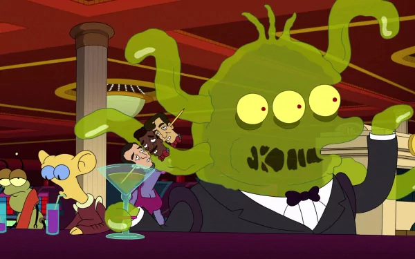 HD PC desktop wallpaper featuring characters from the TV show Futurama, including a green multi-eyed alien bartender in a bow tie serving drinks in a lively bar scene.