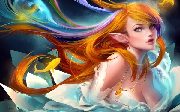 Fantasy Elf Redhead Underwater Fish Blue Eyes Long Hair HD Wallpaper | Background Image