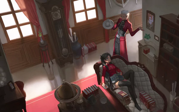 A high-definition desktop wallpaper from Fate/Stay Night, depicting a cozy interior scene with a character reclining on a couch while another stands thoughtfully in the background.