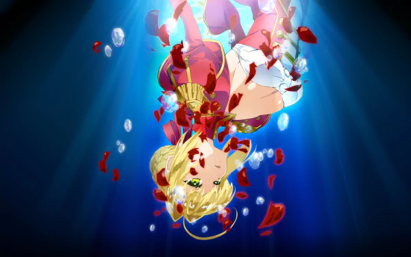 4K Ultra HD anime wallpaper of Red Saber Nero Claudius from Fate/extra, depicted underwater with floating rose petals and radiant blue light beams.