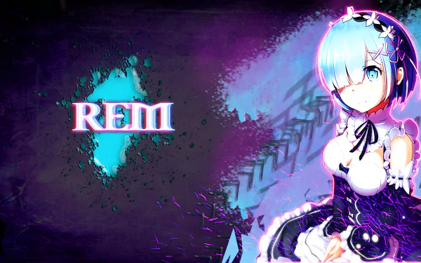 HD desktop wallpaper featuring Rem from the anime Re:Zero - Starting Life in Another World, with her name artistically displayed on the left against a dark and vibrant background.