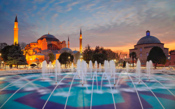 Hagia Sophia Turkey (Country) minaret Istanbul evening man made fountain HD Desktop Wallpaper | Background Image