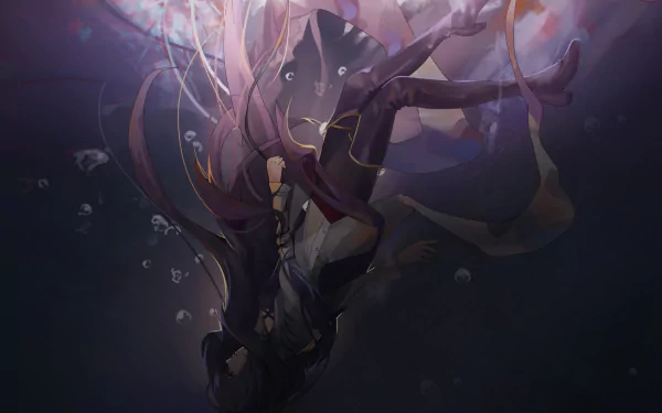HD desktop wallpaper featuring Blake Belladonna from the anime RWBY, depicted in an ethereal underwater setting with flowing hair and dark attire.