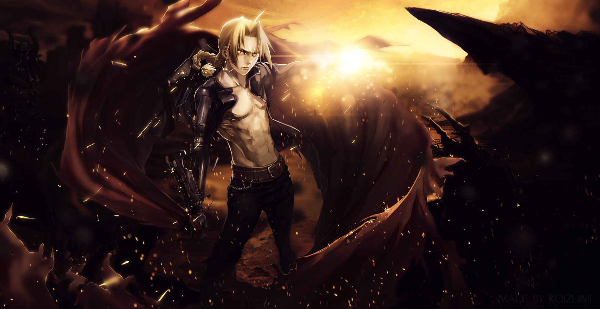 HD PC wallpaper featuring Edward Elric from the anime Fullmetal Alchemist, standing with a determined pose amid a dramatic, fiery background.