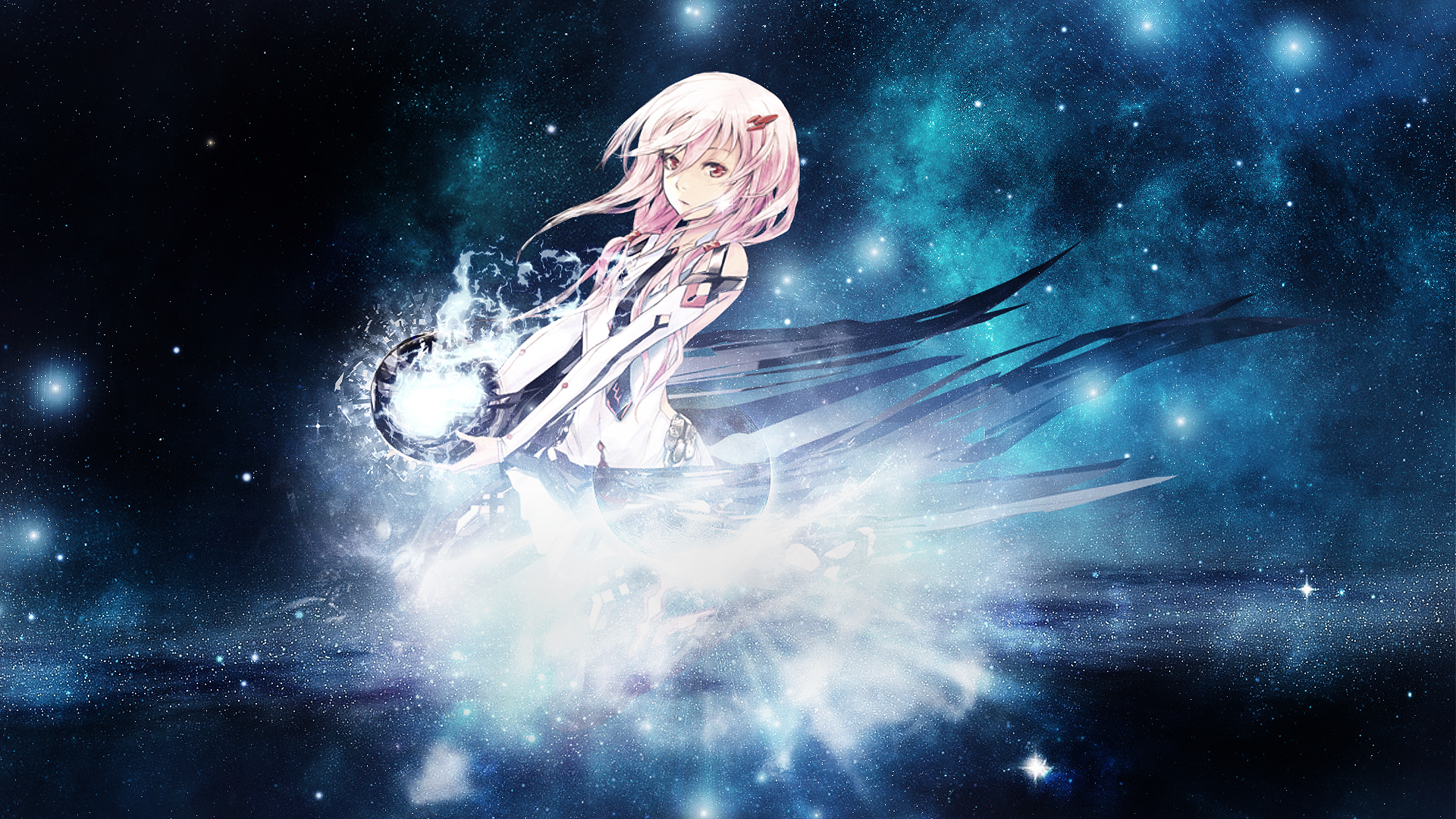 HD anime desktop wallpaper featuring Inori Yuzuriha from Guilty Crown, surrounded by a cosmic blue and white glowing space background.