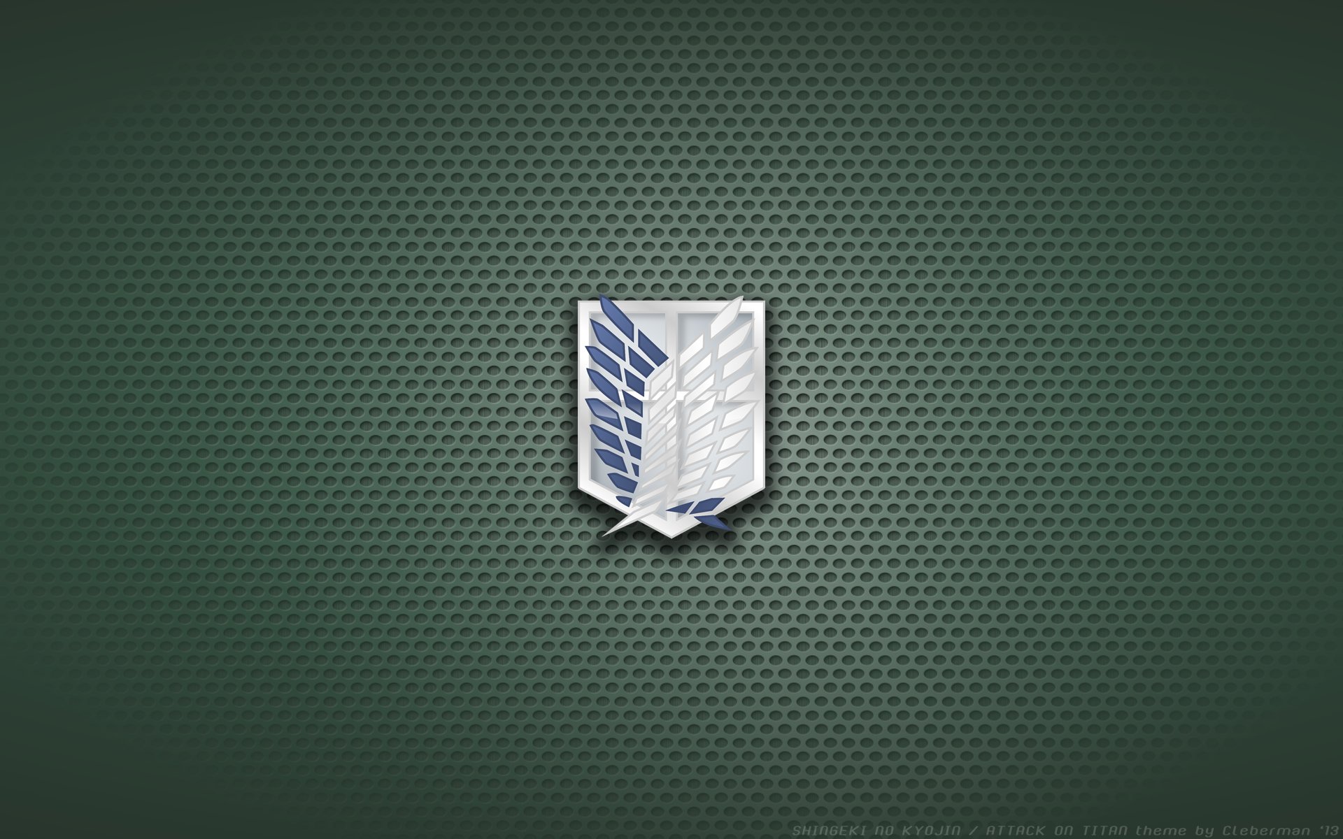 HD PC desktop wallpaper featuring the emblem of the Survey Corps from the anime Attack on Titan on a textured green background.