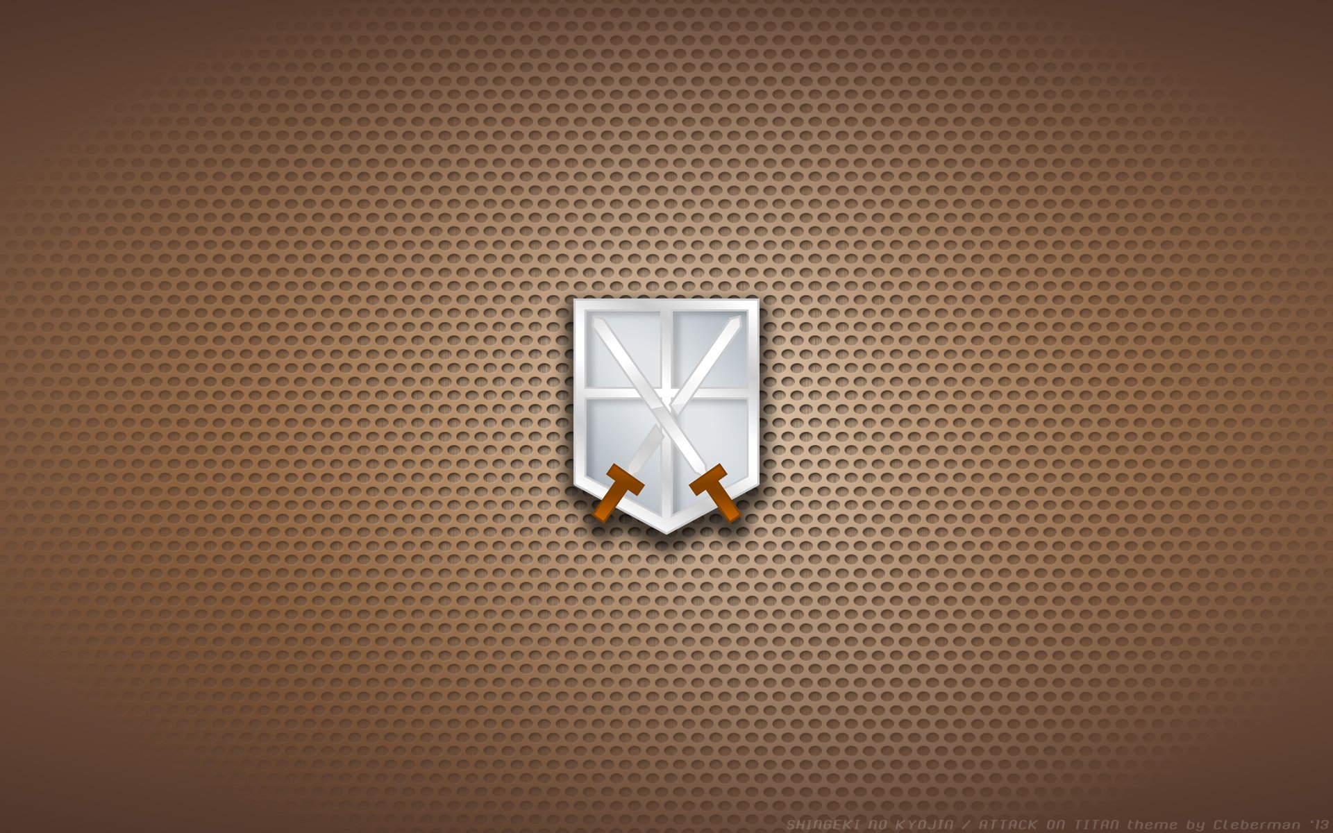 HD PC desktop wallpaper featuring the Attack on Titan anime logo: a silver shield with crossed swords centered on a textured brown honeycomb background.