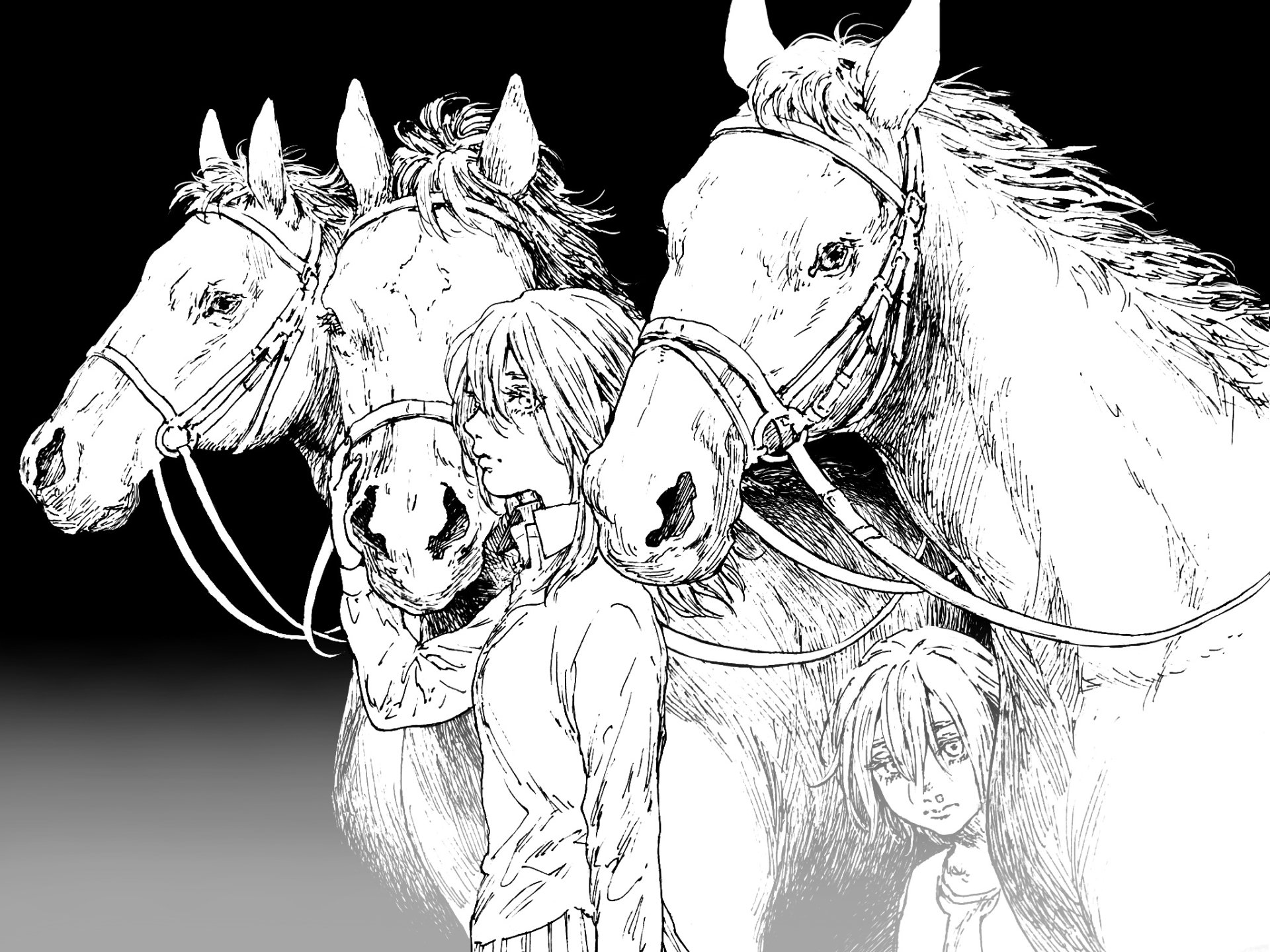 Black-and-white anime-style HD wallpaper featuring Historia Reiss standing closely with three horses from Attack on Titan.
