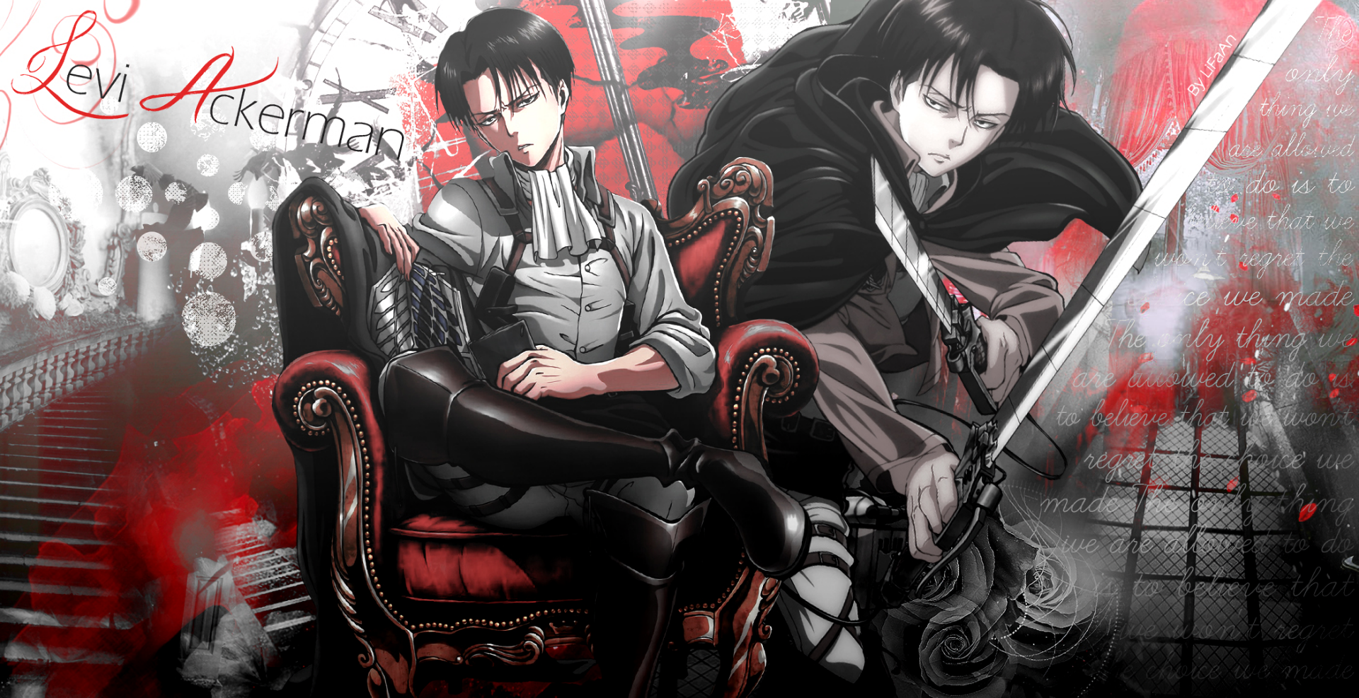 HD desktop wallpaper of Levi Ackerman from the anime Attack on Titan. One image shows Levi sitting on an ornate chair, and the other showcases him wielding a blade, set against a dynamic background.